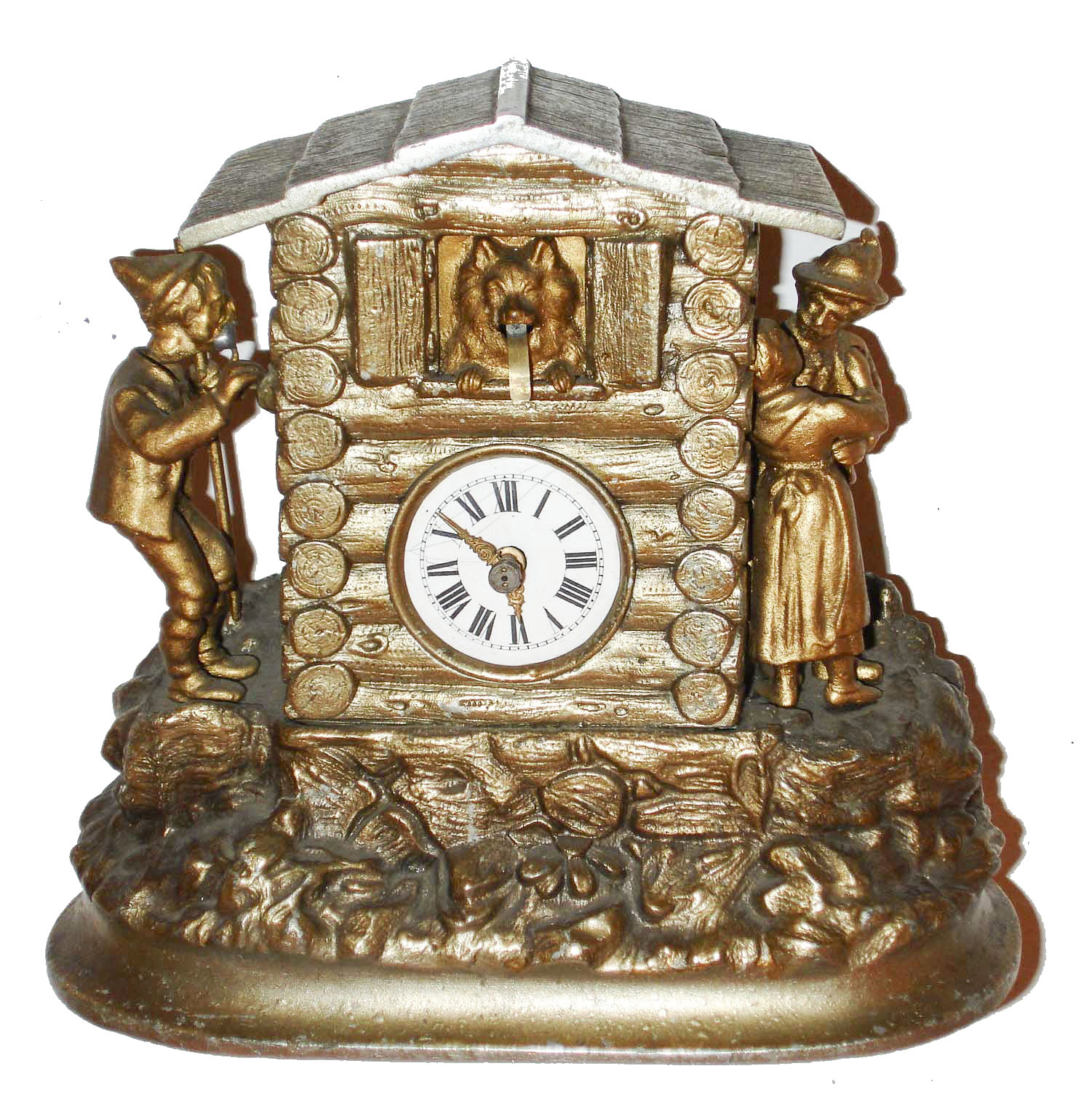 Mayer, Germany, 30 hours, novelty clock in a silvered cast iron case, the oval base with rocks and foliage, with a log cabin above, the male figure on the left looking in the window, his head rocking back and forth as the clock ticks, while on the right side, a woman and man embrace, the white enamel Roman numeral dial mounted to the front of the structure, while a panting dog emerges from a window above the clock, his tongue moving in and out as the clock runs, tall rectangular plate movement similar to a Zappler, the back plate signed "Mayer", c1865 — Antique Clocks Price Guide