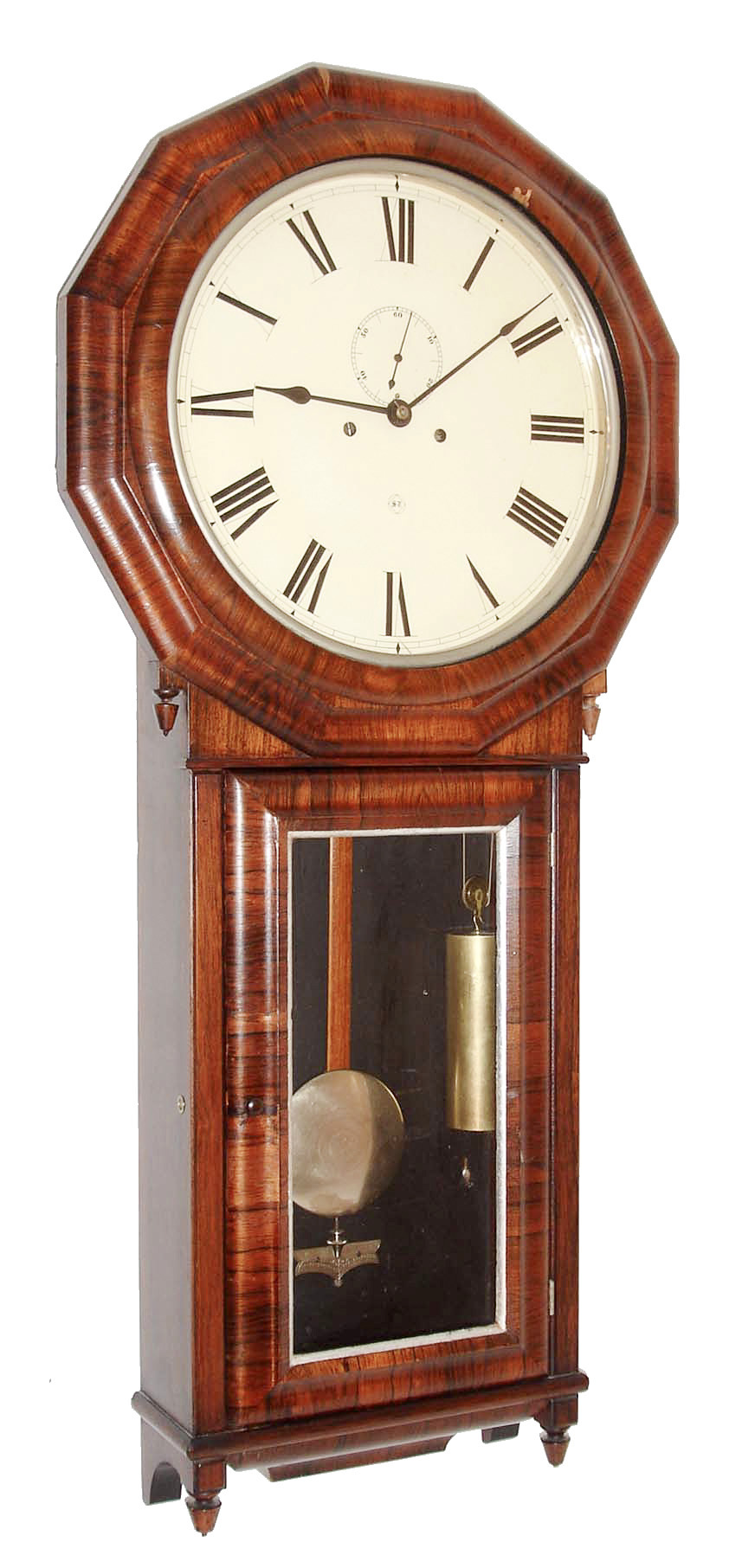 Seth Thomas Clock Co., Thomaston, Conn., "Regulator No. 3", wall clock, 8 days, time and strike, two weight driven movement, in a, rosewood veneer case with painted metal dial and nickel plated pendulum bob, c1879 — Antique Clocks Price Guide