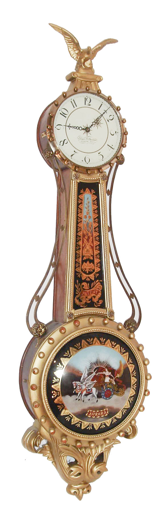 Girandole reproduction wall clock, 8 day, time only, weight driven Kilbourn &amp; Proctor movement in a mahogany case with gold painted front and reverse painted throat and lower convex glass tablets and painted aluminum dial, c1980 — Antique Clocks Price Guide
