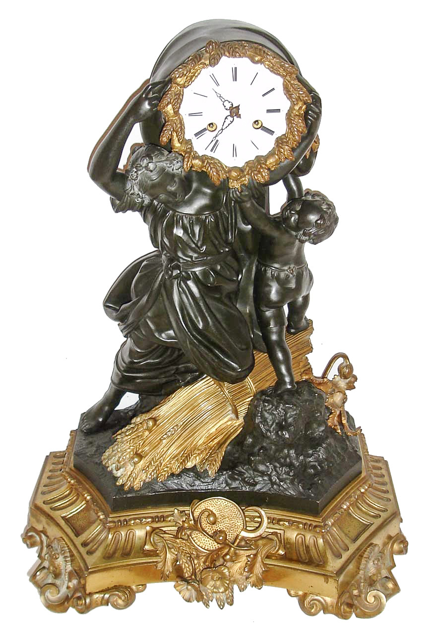 Claude Hemon, Paris, France, bronze figural mantle clock, 8 day, time and strike, spring driven movement signed Hemon , Paris with silk thread suspension in a patinated bronze and brass case depicting two figures harvesting wheat and a cast brass bezel in wheat motif and white enamel dial, c1830 — Antique Clocks Price Guide