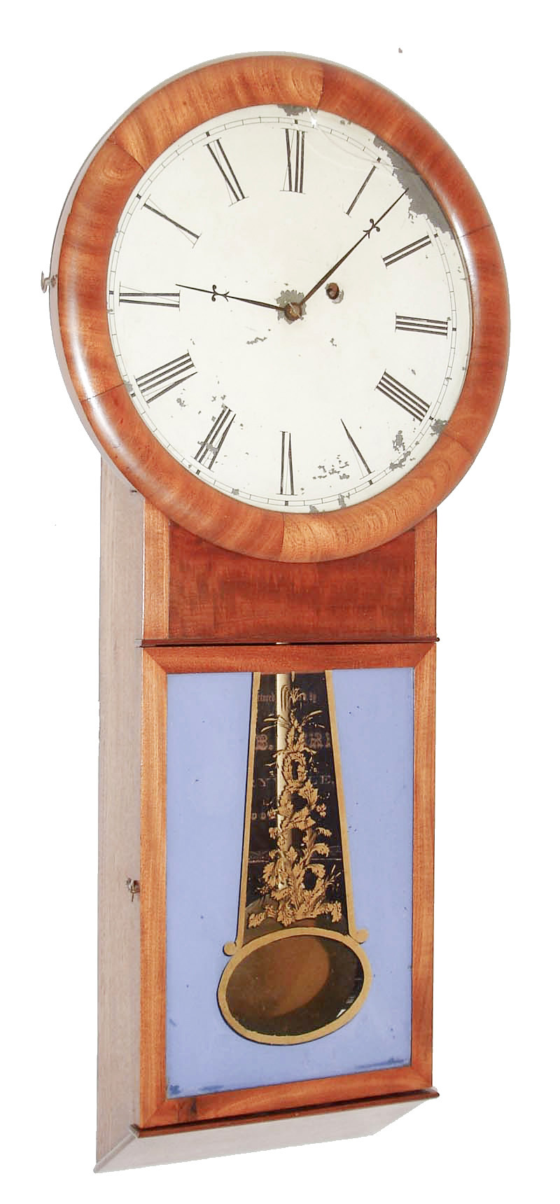 Silas B. Terry, Terryville, Conn., long drop regulator wall clock, 8 day, time only, weight driven movement in a mahogany case with painted metal dial and reverse painted lower tablet, c1855 — Antique Clocks Price Guide