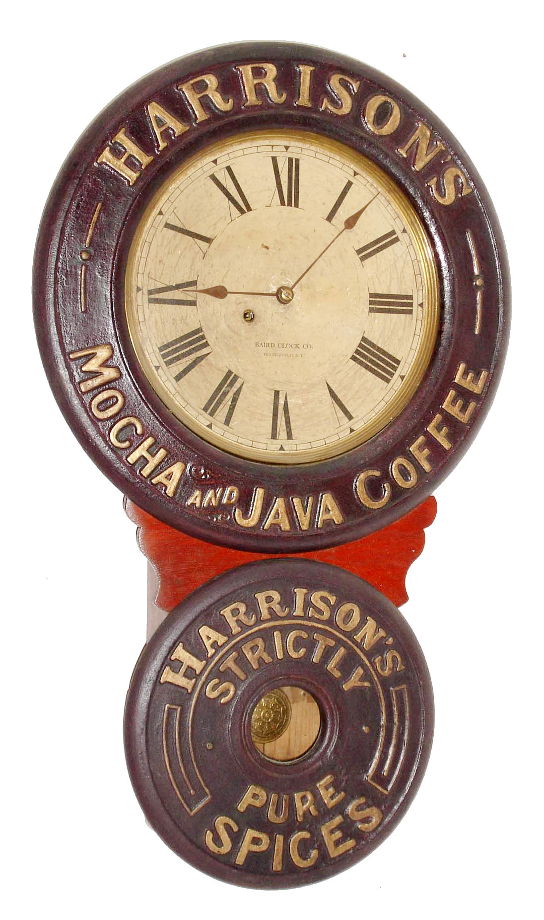 Baird Clock Co., Plattsburgh, NY, "Harrison's Mocha and Java Coffee" advertising wall clock, 8 day, time only, spring driven movement in wooden case with paper mache doors and paper dial, c1893 — Antique Clocks Price Guide