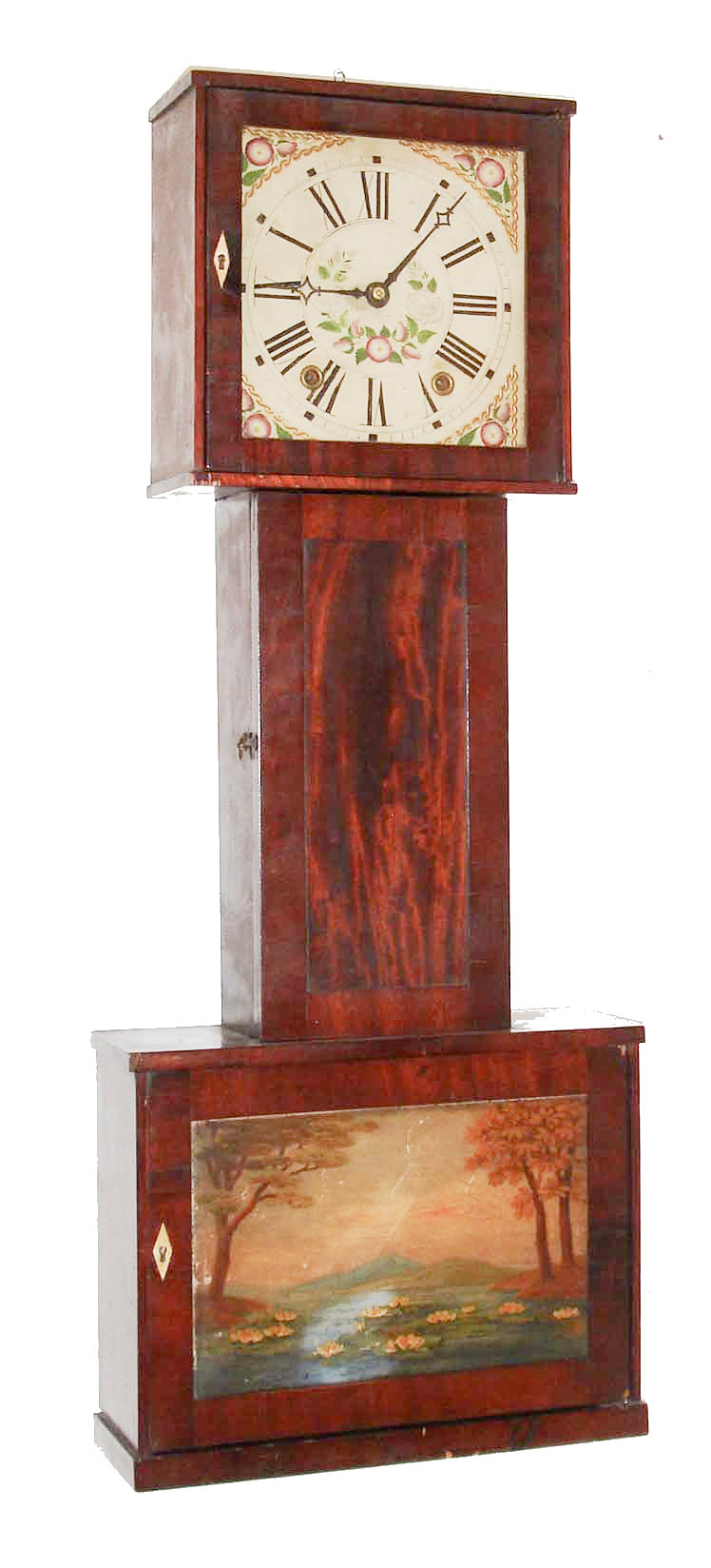 Connecticut banjo, 30 hour, time and strike, two weight driven, wooden works movement in a mahogany veneered case with painted wooden dial, c1830 — Antique Clocks Price Guide