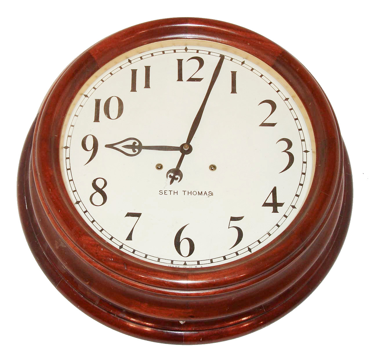 Seth Thomas Clock Co., Thomaston, Conn., "Gallery 18 Inch", wall clock, 15 days, time only, spring driven movement in a mahogany case with 18" painted metal dial, c1885 — Antique Clocks Price Guide