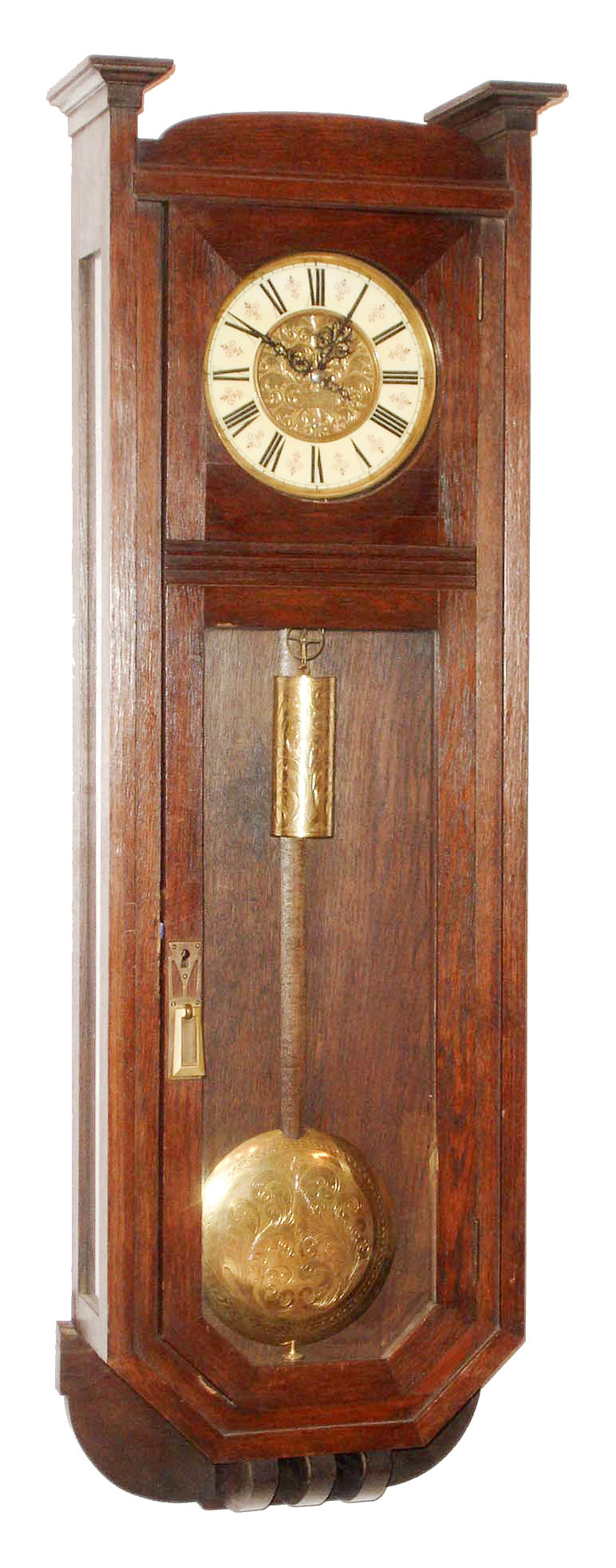 Joh. Salfer, Wien, Austria, Vienna regulator wall clock, 30 days, time only, weight driven movement in an Arts &amp; Crafts oak case with enamel dial and engraved center signed by maker and engraved brass pendulum bob and brass weight, c1895 — Antique Clocks Price Guide