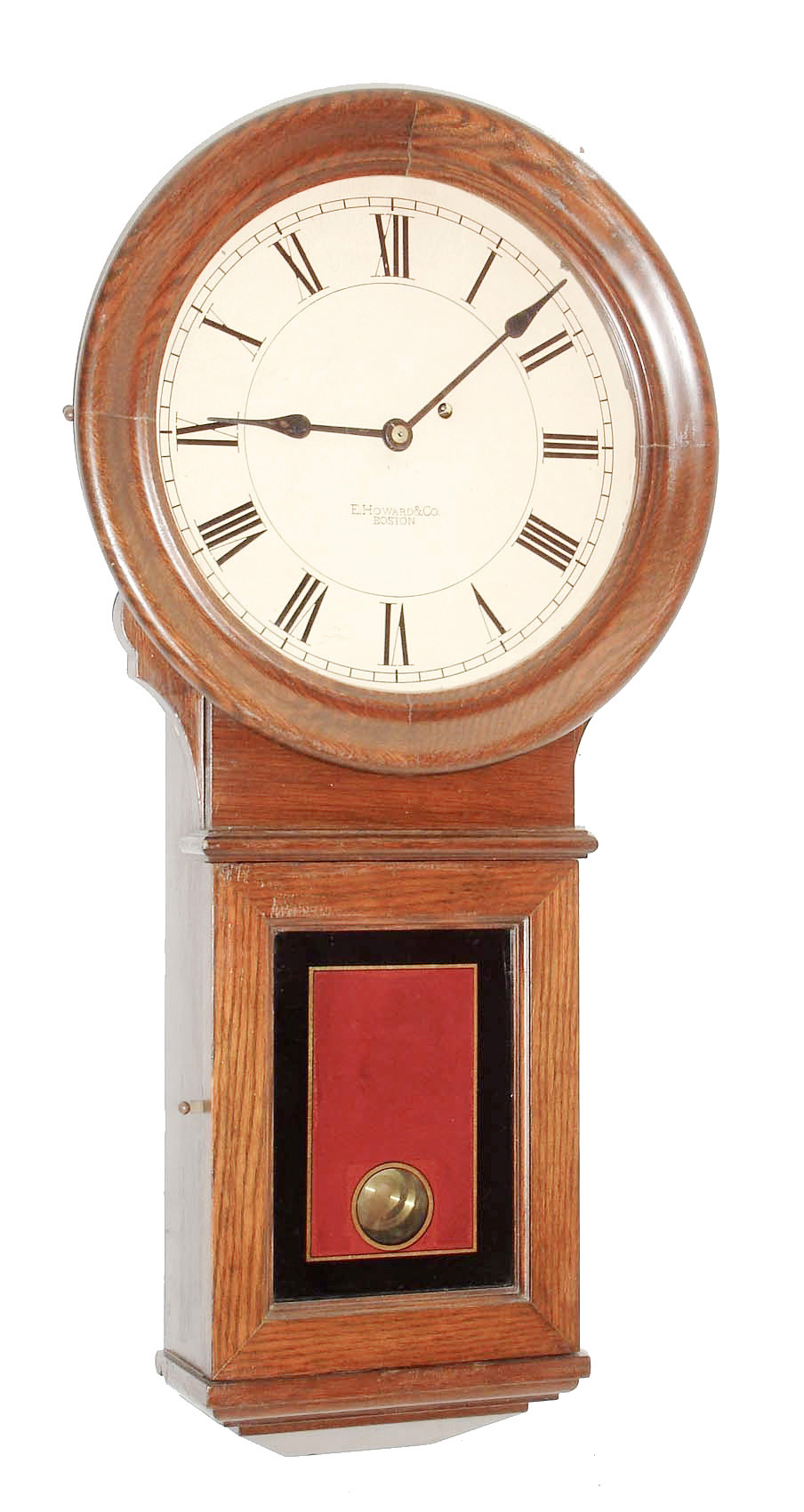 E. Howard &amp; Co., Boston, Mass., "No. 70 Regulator" with 12" dial, wall clock, 8 days, time only, weight driven movement in an oak case with painted metal dial and reverse painted lower tablet, c1890 — Antique Clocks Price Guide