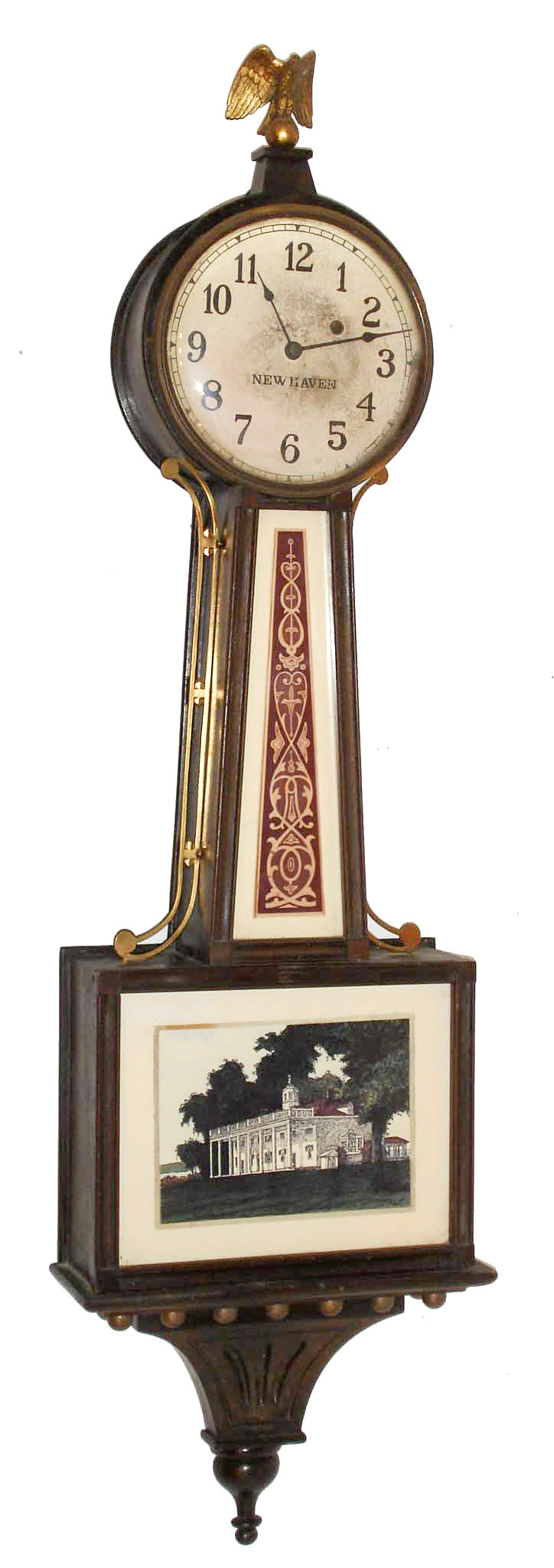 New Haven Clock Co., "Willard mahogany banjo timepiece, weight driven, 8 day, c1925 — Antique Clocks Price Guide