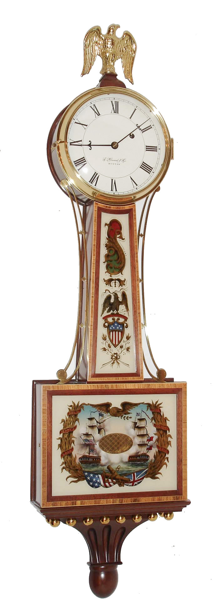 E. Howard &amp; Co., Boston, Mass., "Simon Willard Banjo No. 95 A" reissue, wall clock, 8 days, time only, weight driven movement in a cross banded mahogany case with brass ball presentation base, reverse painted throat and lower tablets and painted metal dial, s#488, c1980 — Antique Clocks Price Guide