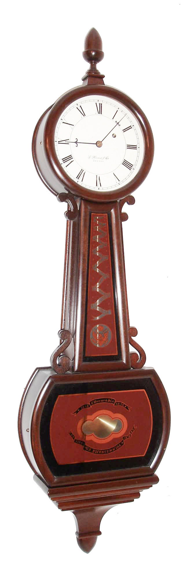 E. Howard &amp; Co., Boston, Mass., "Bicentennial Banjo", wall clock, 8 days, time only, weight driven movement in a mahogany case with reverse painted throat and lower tablets with 13 colonies motif and painted metal dial, s#44, dated 1977 — Antique Clocks Price Guide