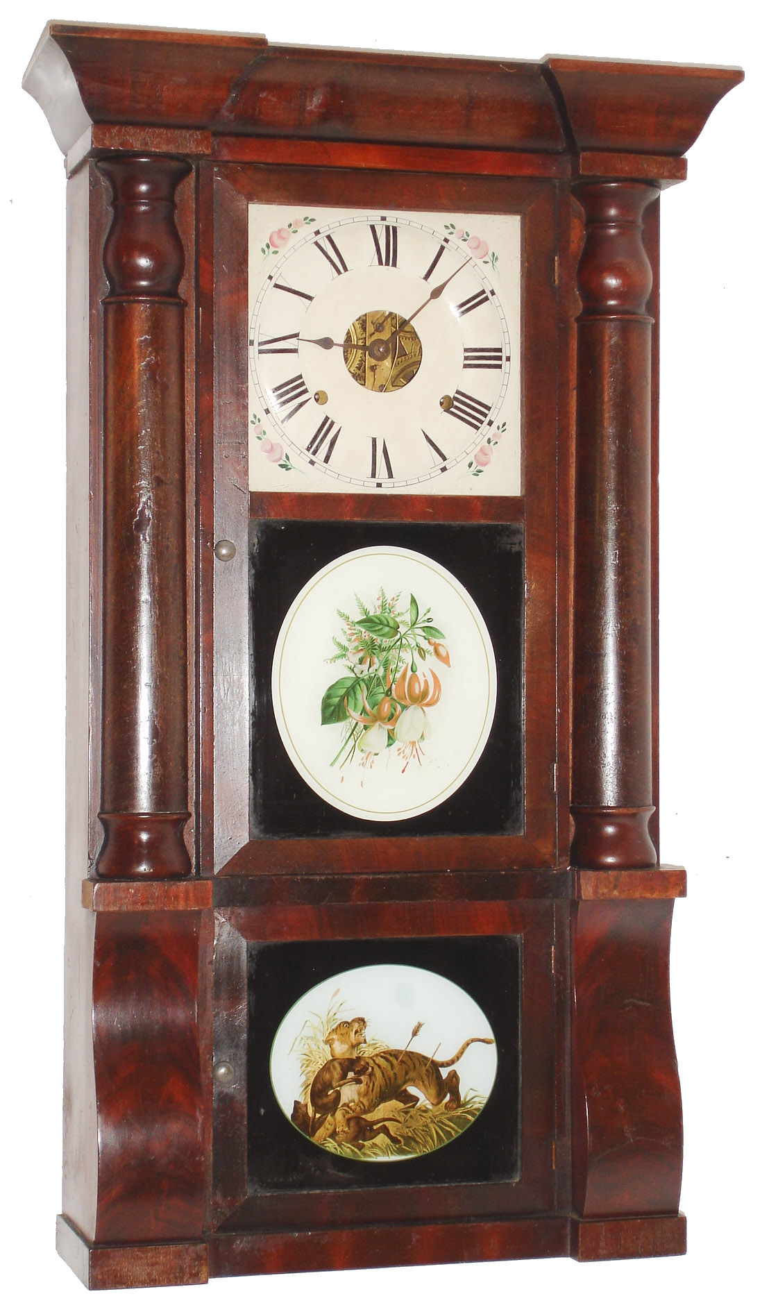 Seth Thomas Clock Co., Thomaston, Conn., "Column and Cornice" mahogany 8 days, time and strike, weight driven lyre movement shelf clock, c1870 — Antique Clocks Price Guide