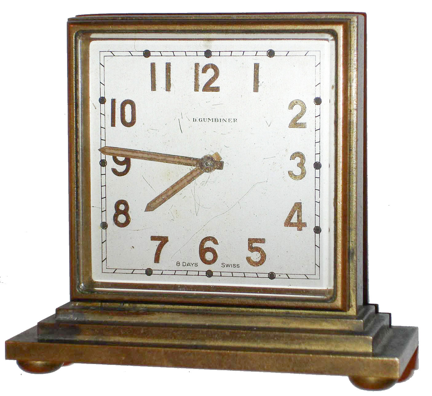 D. Gumbiner, New York, Swiss double sided heavy brass and beveled glass partner's clock, 8 days, time only, spring driven movement, c1955 — Antique Clocks Price Guide