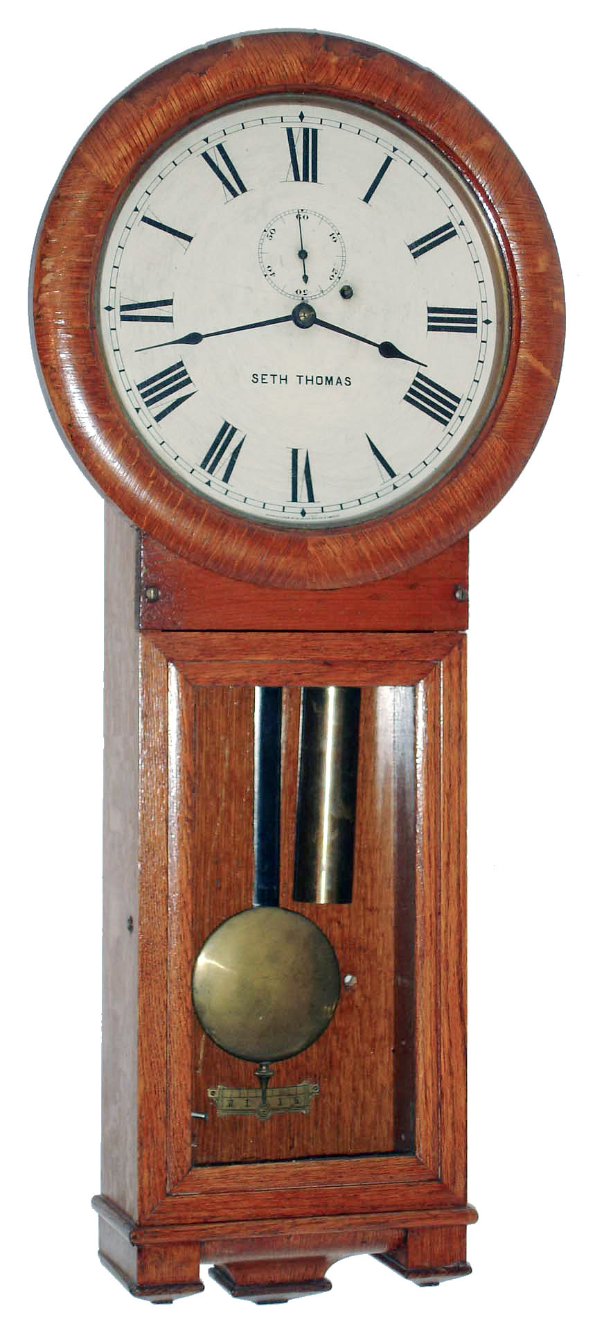 Seth Thomas Clock Co., Thomaston, Conn., No. 2 Regulator oak 8 days, time only, weight driven wall clock, dated 1899 — Antique Clocks Price Guide