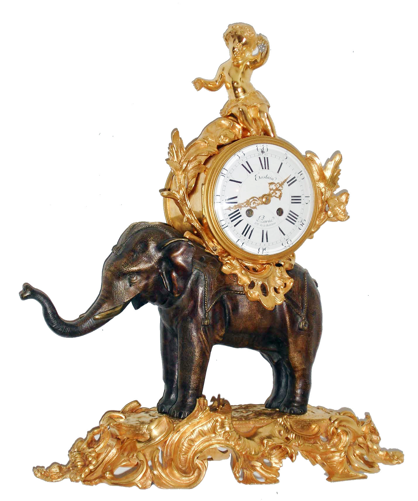 French figural clock, 8 days, time and count wheel strike pendule a Paris movement by Marti, contained in a gilt drum carried on the back of a patinated bronze figure of an elephant standing on a gilt bronze base with rococo style ornament, the drum with gilt foliage and seated figure holding a cluster of grapes, white enamel Roman numeral dial with Arabic outer 5 minute markers, signed "Costantin a Paris Grie de la Madeline", gilt Louis XV style hands, bezel with thick beveled convex glass, c1865 — Antique Clocks Price Guide
