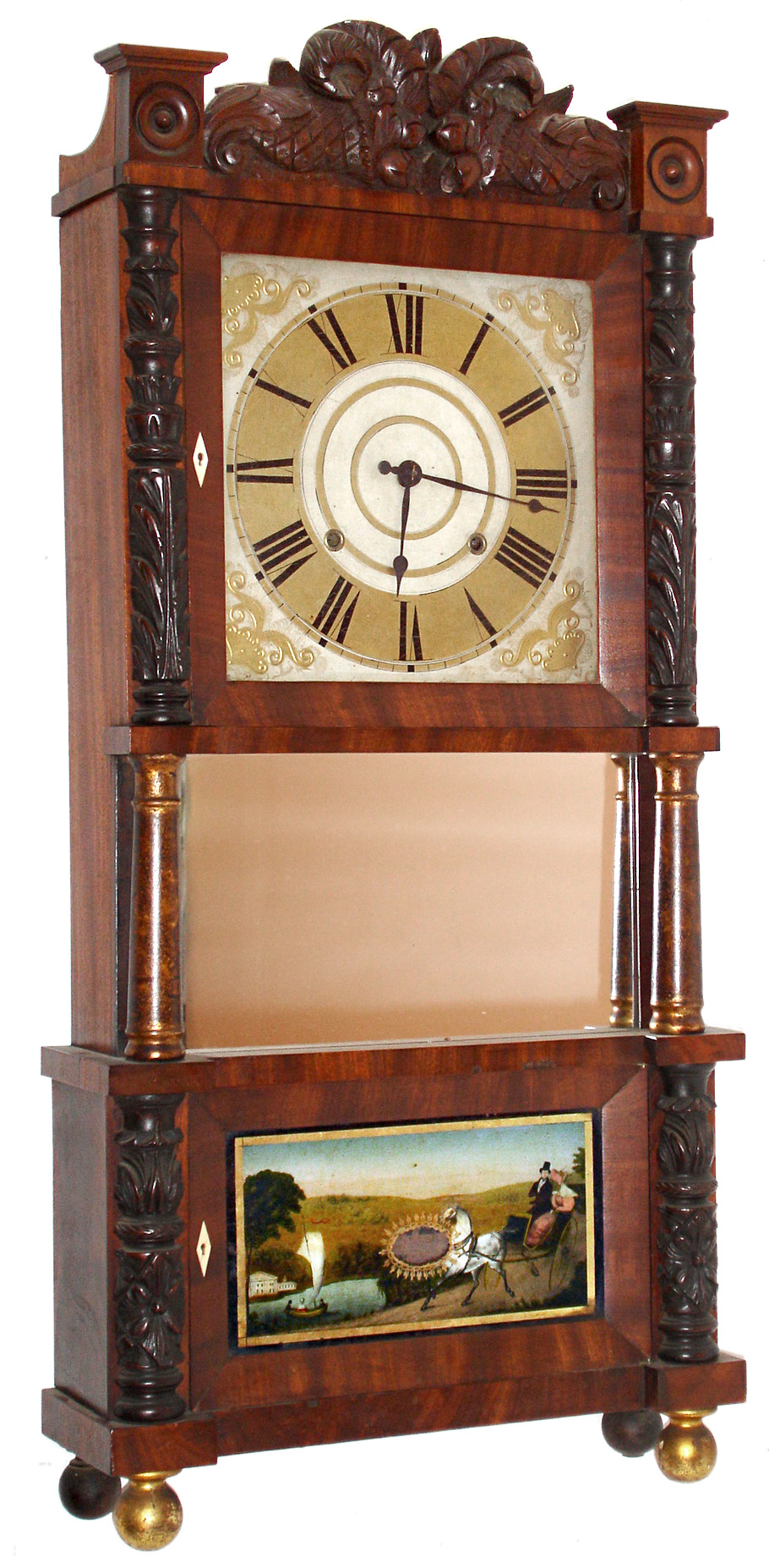 C. &amp; L.C. Ives, Bristol, Conn., 8 day, time and strike, carved column and splat triple decker shelf clock. c1835 — Antique Clocks Price Guide