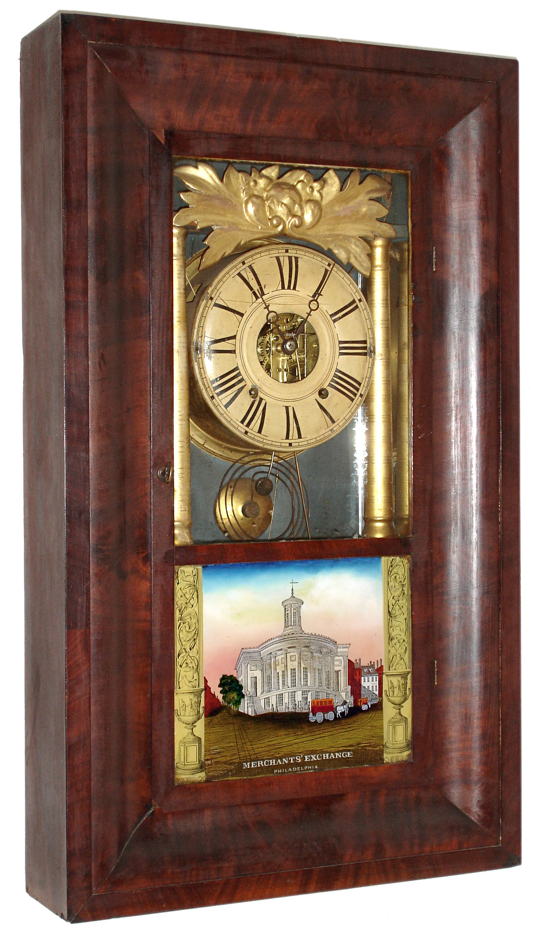 Hill, Goodrich &amp; Co., Plainville, Conn., 8 day, time and strike, O.G. column shelf clock with and Ives' cast iron back plate brass movement, c1842 — Antique Clocks Price Guide