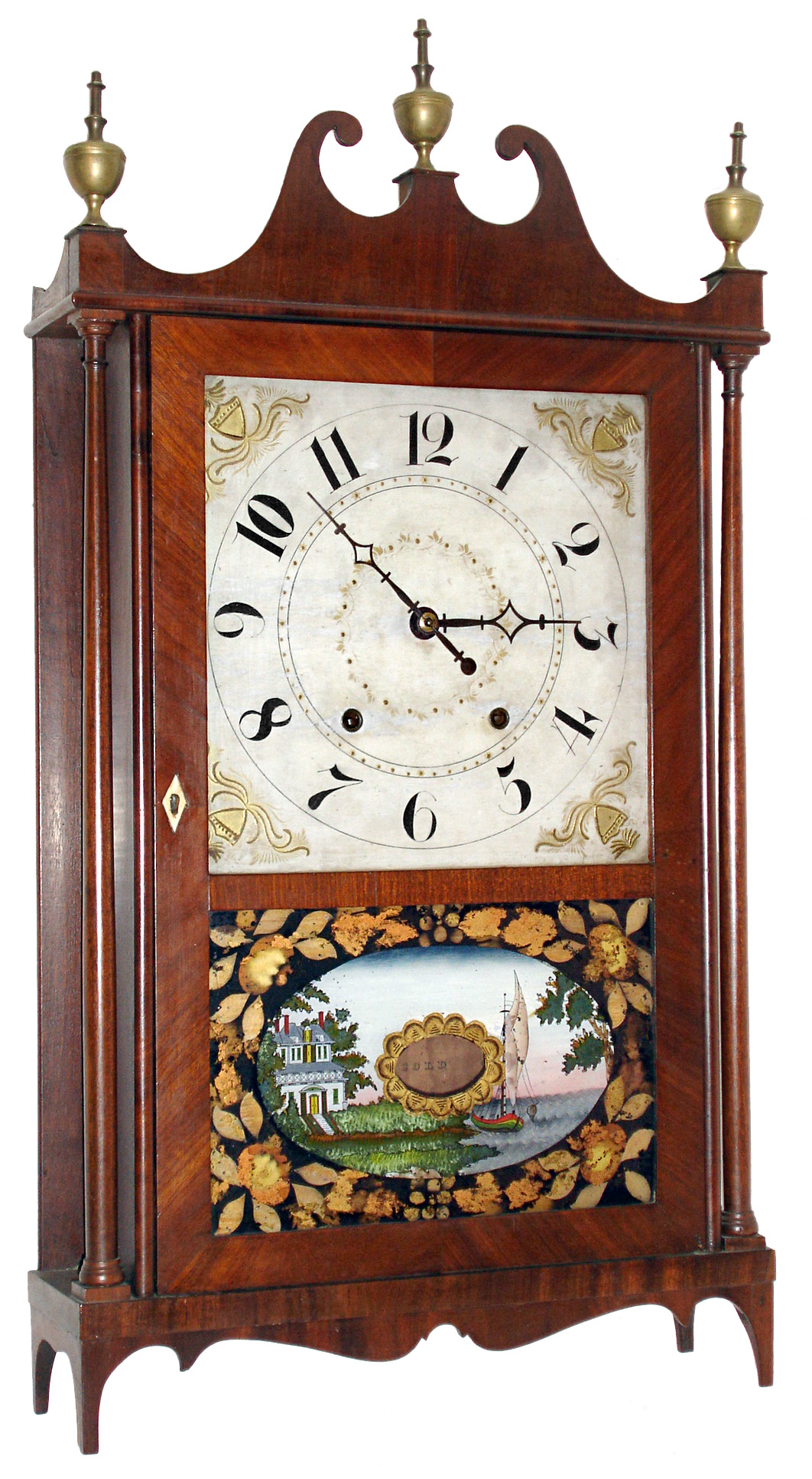 Chauncey Ives, Bristol, Conn., 30 hour, time and strike, weight wood movement pillar &amp; scroll shelf clock. c1830 — Antique Clocks Price Guide