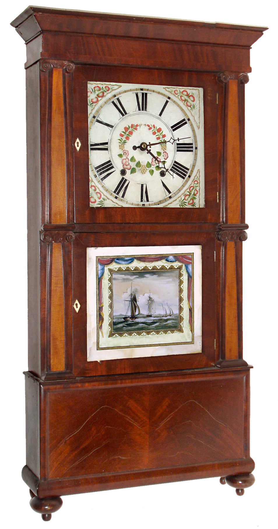 Rodney Brace, North Bridgewater, Mass., 30 hour, time and strike, weight wood movement triple decker pilaster and cornice top shelf clock. c1830 — Antique Clocks Price Guide