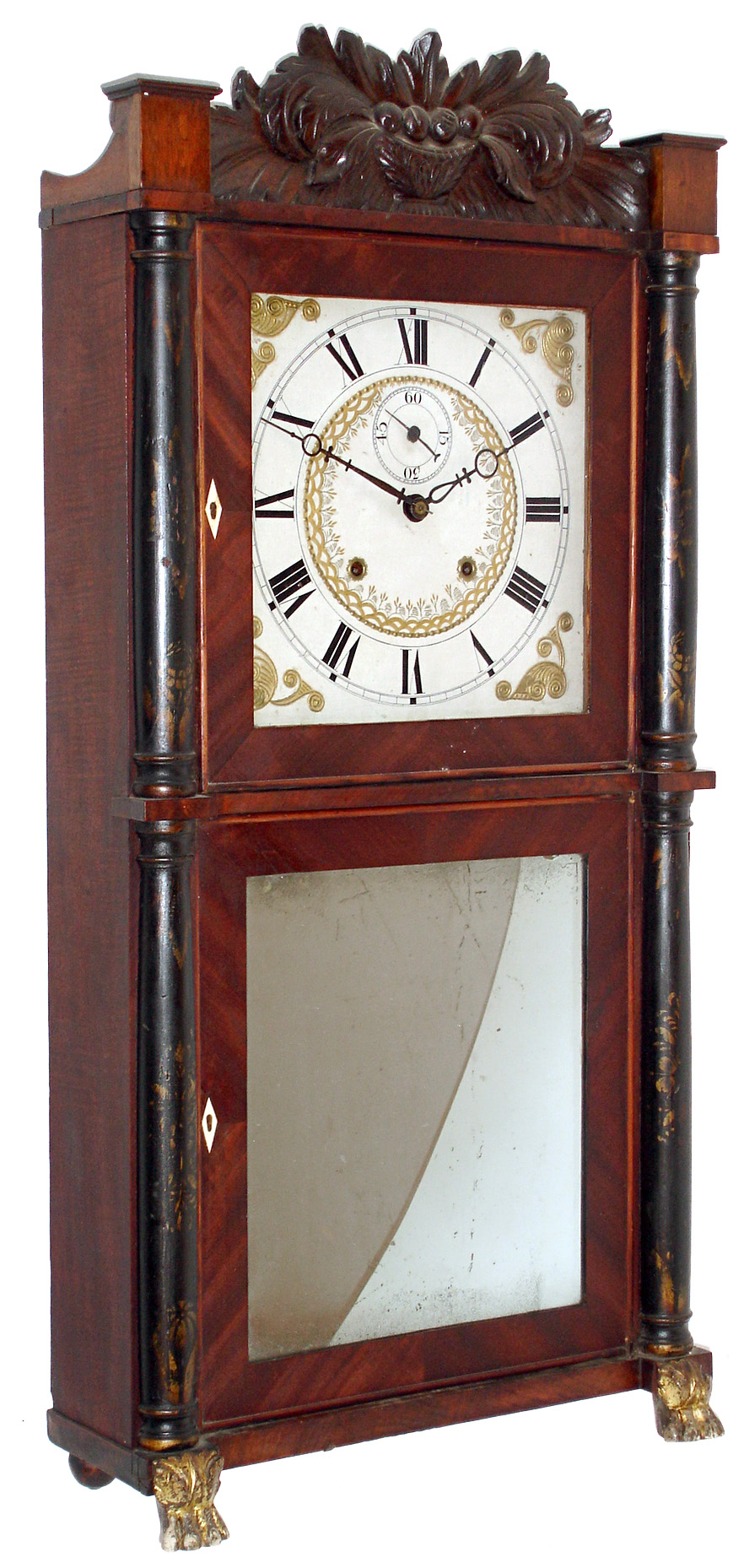 Henry Terry, Plymouth, Conn., 8 day, time and strike, weight mahogany plate wood movement double decker shelf clock. c1832 — Antique Clocks Price Guide