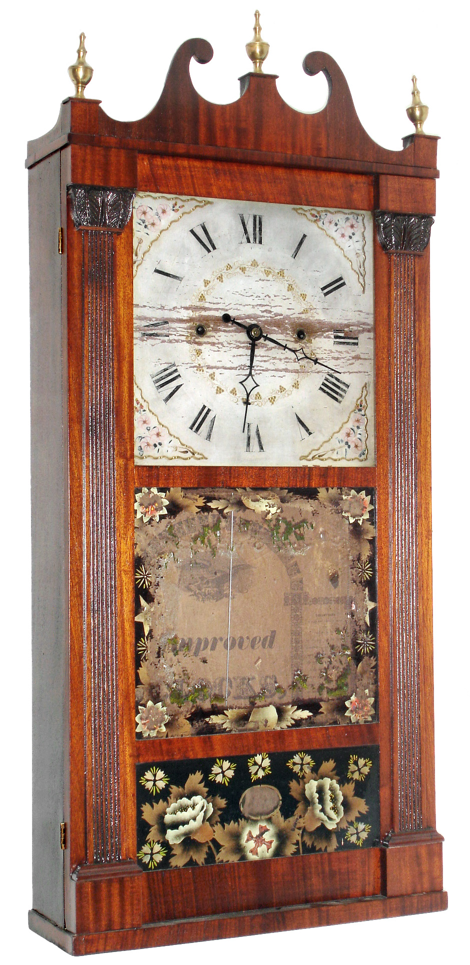 Jerome, Thompson &amp; Co., Bristol, Conn., 30 hour, time and strike, weight  groaner type wood movement reeded pilaster and scroll shelf clock. c1827 — Antique Clocks Price Guide