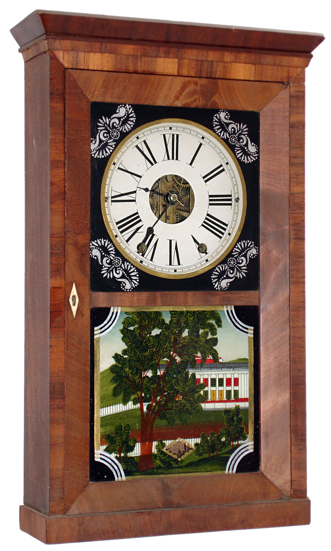 E. C. Brewster &amp; Co., Bristol, Conn., 8 days, time and strike, iron back plate movement cornice top shelf clock, c1840 — Antique Clocks Price Guide