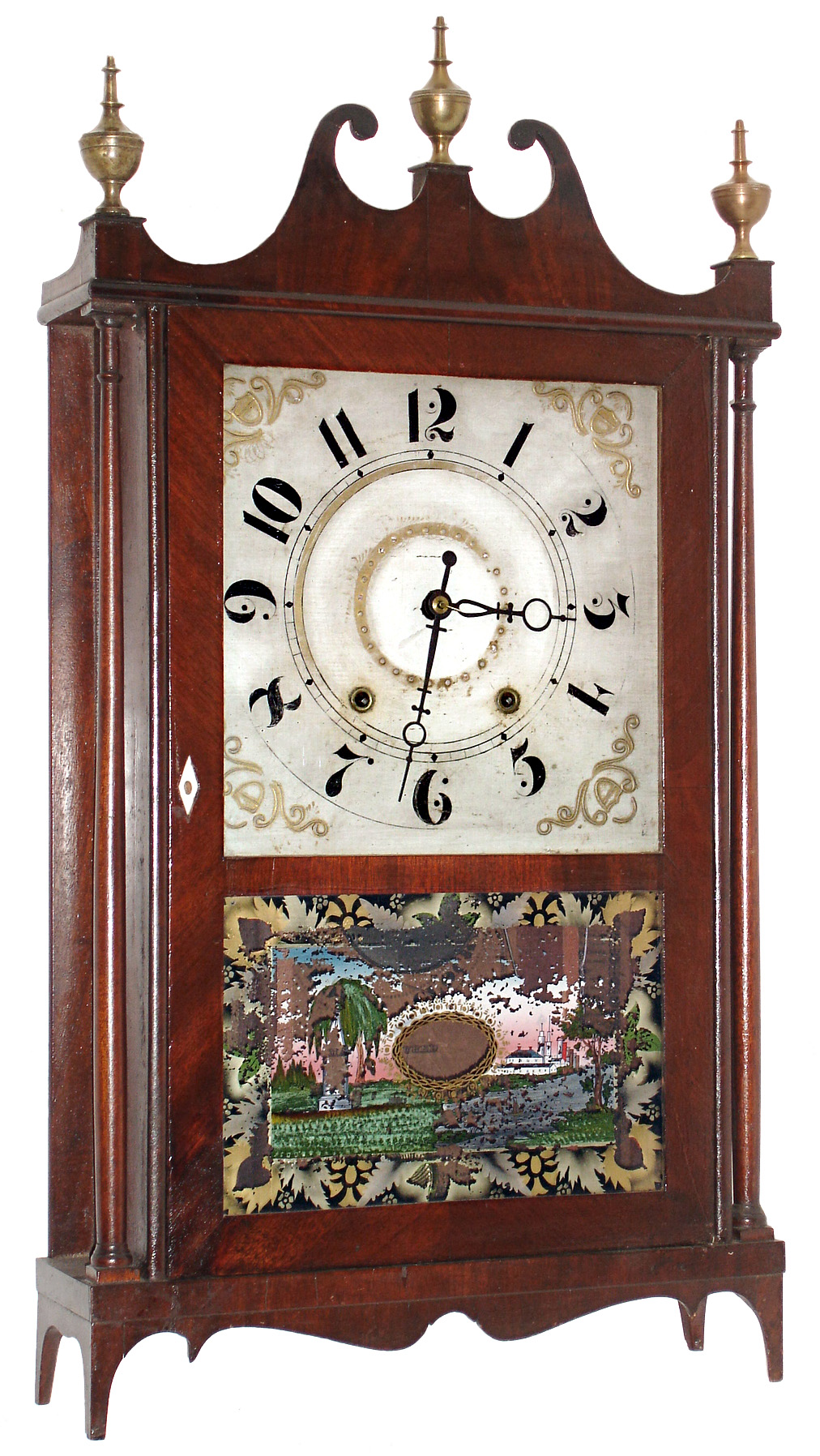 Chauncey Ives, Bristol, Conn., 30 hour, time and strike, weight wood movement pillar &amp; scroll shelf clock. c1830 — Antique Clocks Price Guide