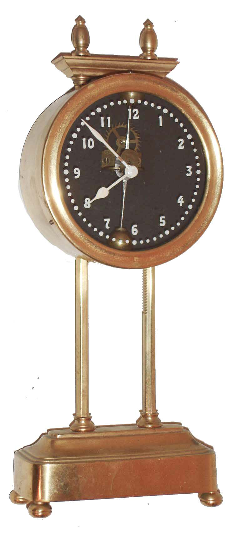 France, gravity clock, time only, movement with open escapement and compound pendulum, white painted hands, glass dial with reverse painted Arabic figures, with gilt, molded base on ball feet, hexagonal columns and molded cornice with gilt finials, c1910 — Antique Clocks Price Guide