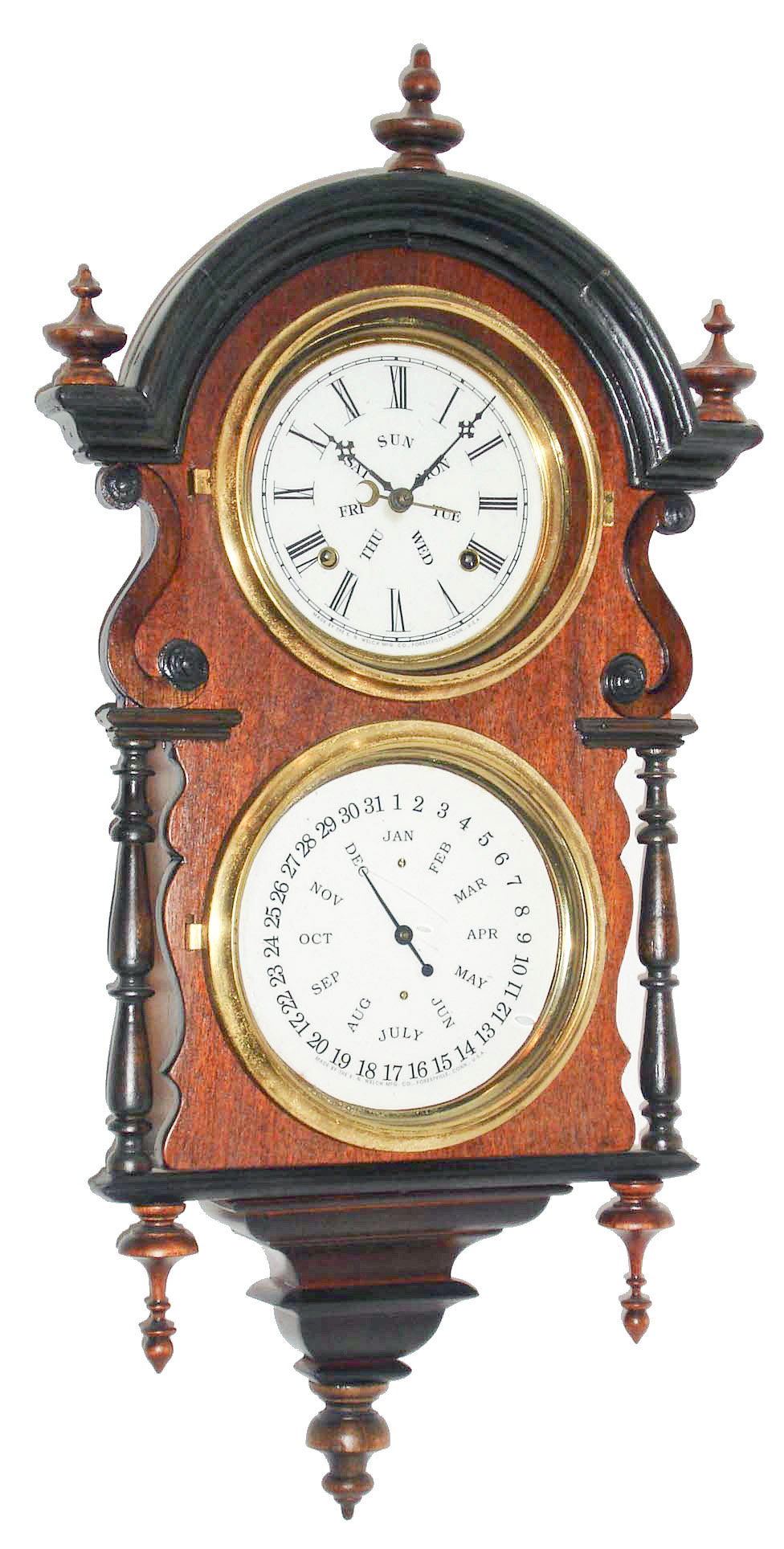 Welch, Spring &amp; Co., Bristol, Conn., "Wagner B.W. Hanging" walnut 8 days, time and strike, calendar clock, c1878 — Antique Clocks Price Guide