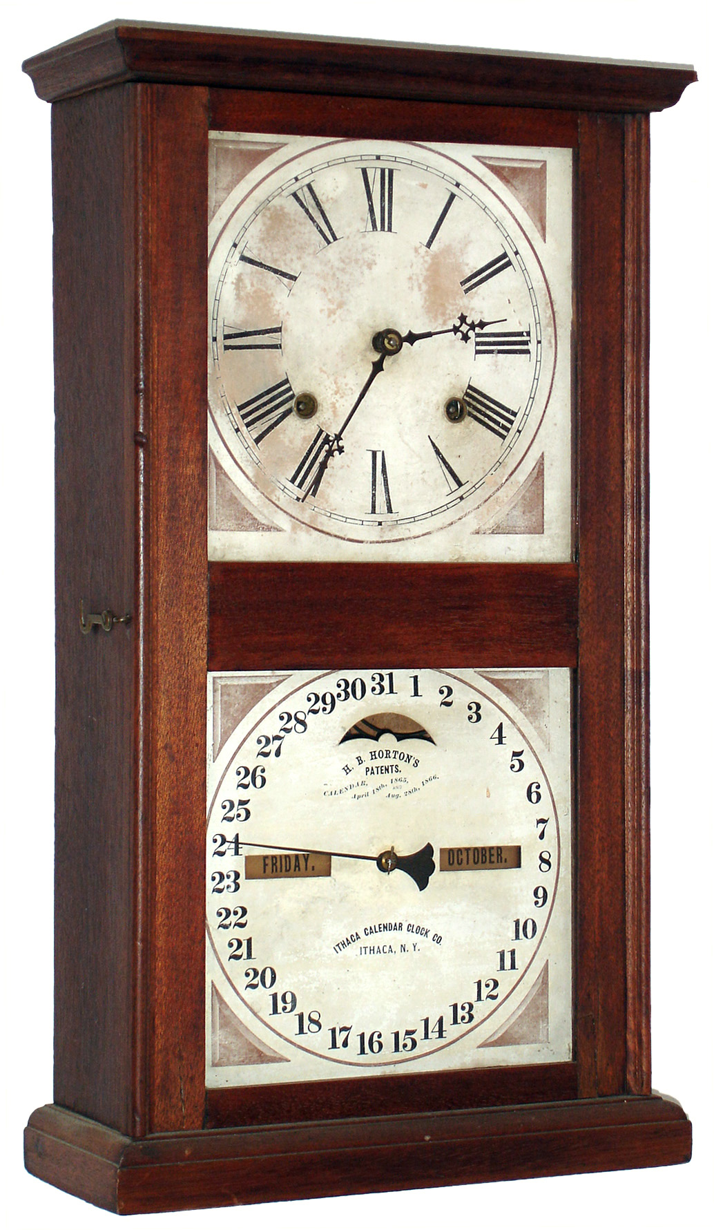Ithaca Calendar Clock Co., Ithaca, NY, "No. 10 Farmer's", 8 day, time and strike, double dial calendar shelf clock. c1880 — Antique Clocks Price Guide