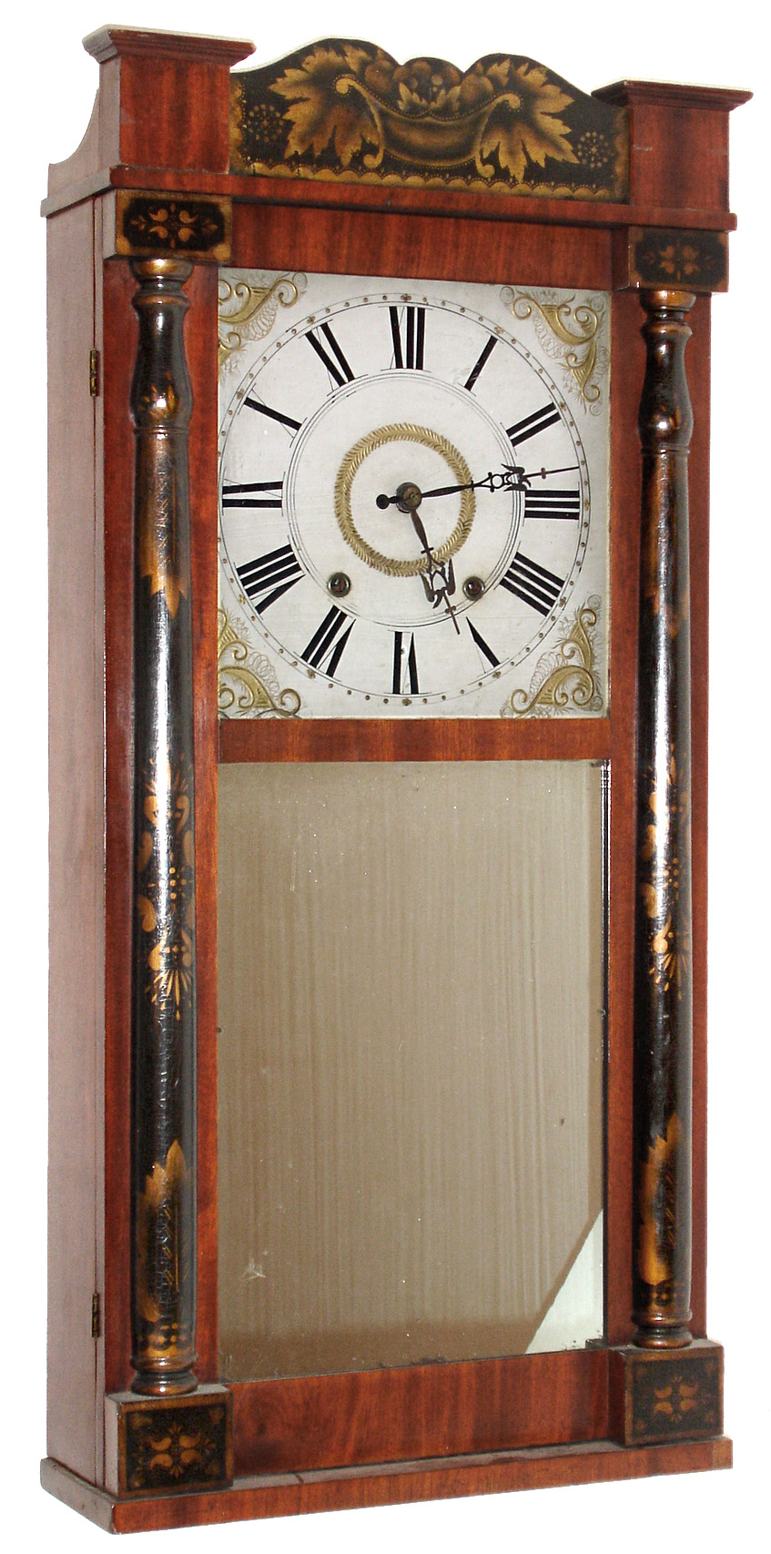 E. &amp; G.W. Bartholomew, Bristol, Conn., 30 hour, time and strike, weight wood movement half column &amp; splat shelf clock, c1830 — Antique Clocks Price Guide