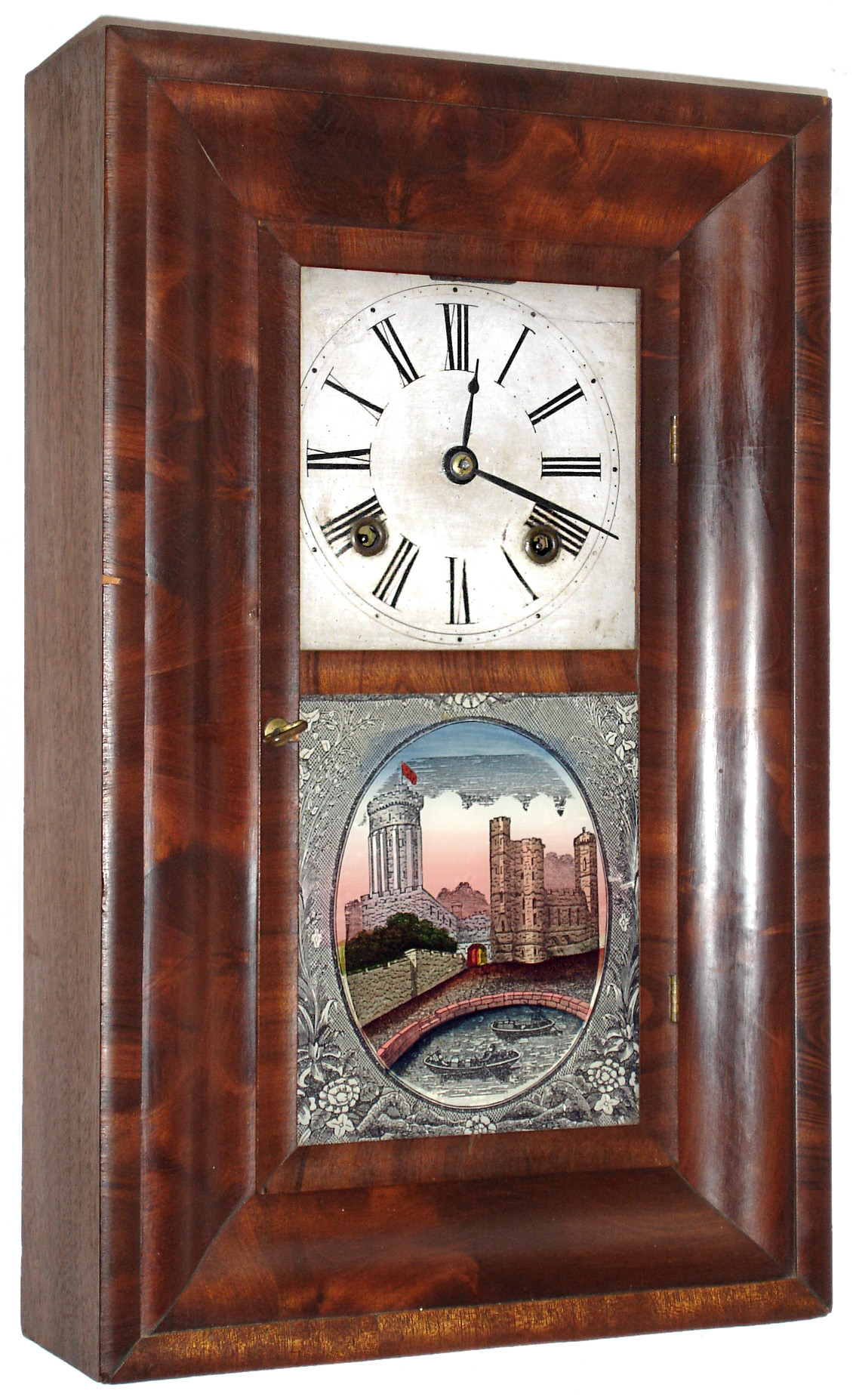 Clarke, Gilbert &amp; Brown, New York, 30 hour, time and strike, fusee movement mini OG shelf clock. c1840. This clock was made for export to most likely the South American market as the instructions are in Spanish. — Antique Clocks Price Guide