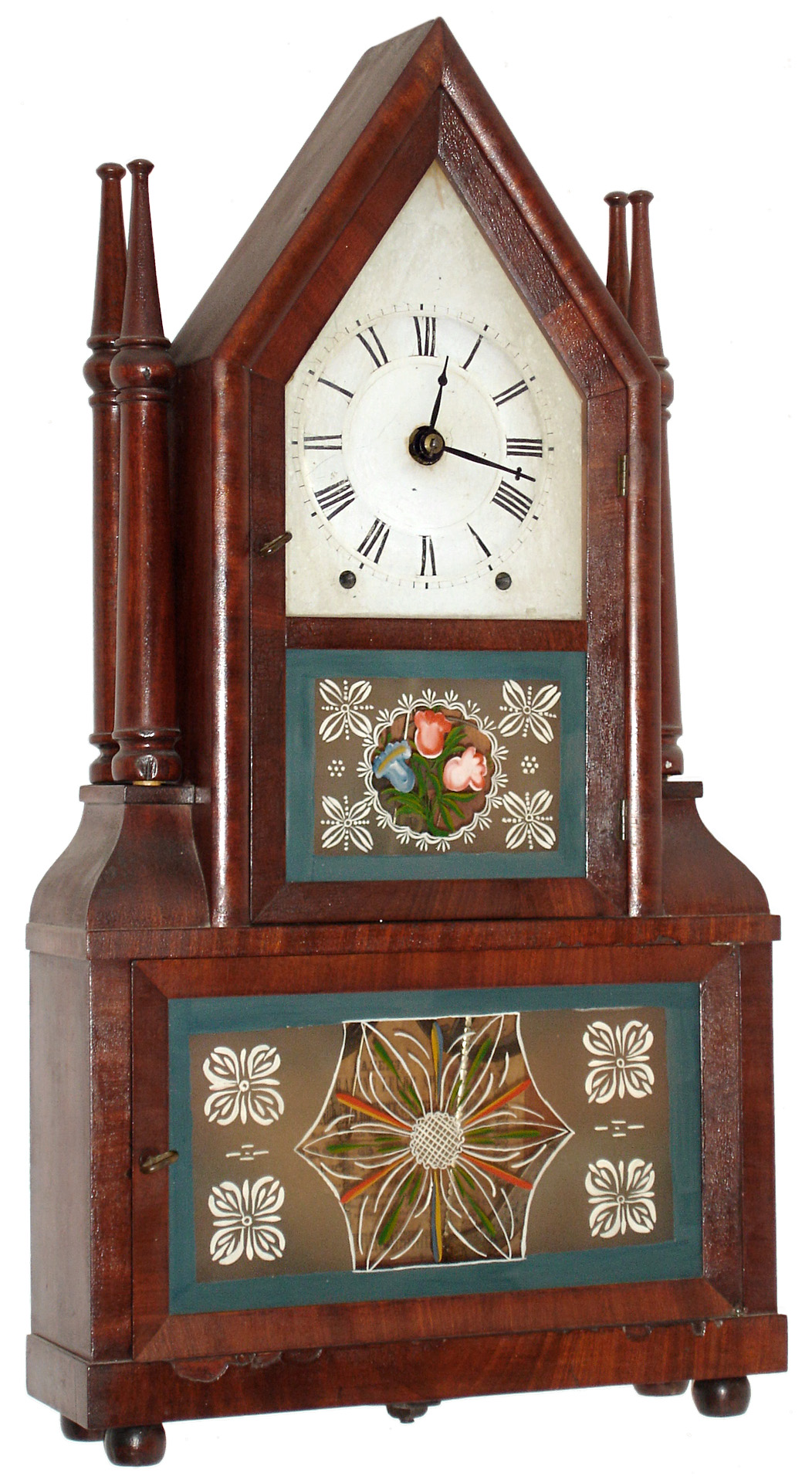 Birge &amp; Fuller, Bristol, Conn., 8 day, time and strike, wagon spring steeple on frame with candle finials or double steeple shelf clock. c1844 — Antique Clocks Price Guide