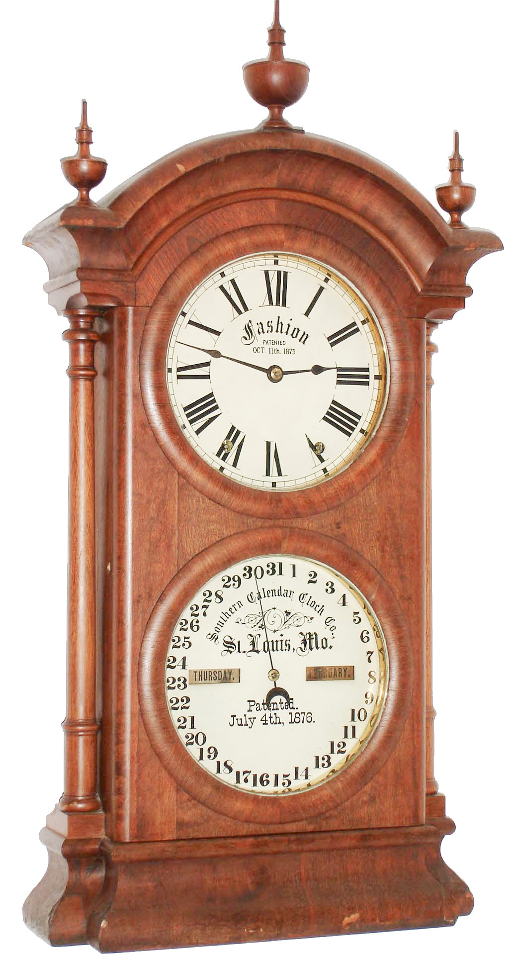 Southern Calendar Clock Co., St Louis, MO, "Fashion No. 2", 8 day, time and strike, double dial calendar shelf clock, c1876 — Antique Clocks Price Guide