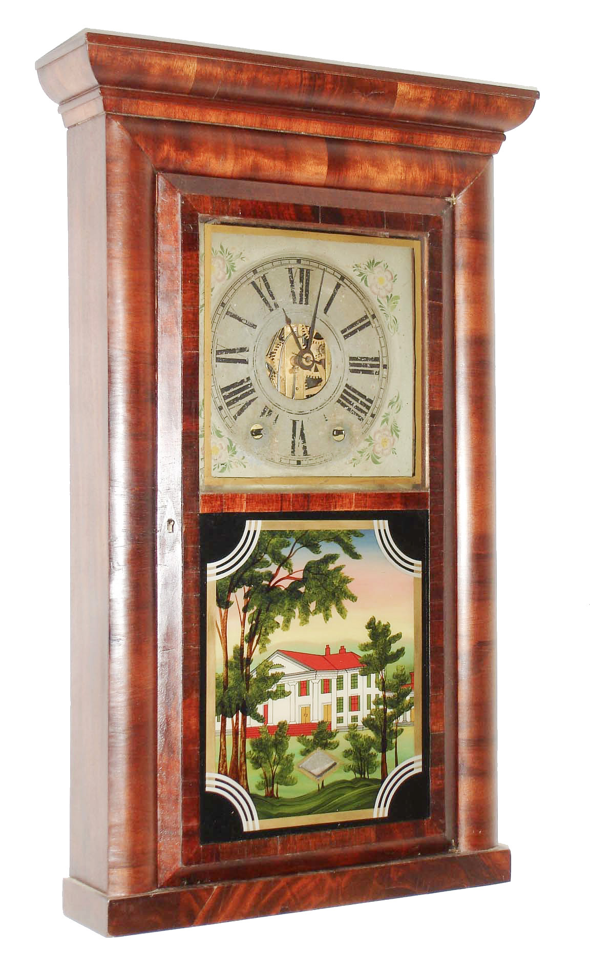 E. C. Brewster &amp; Co., Bristol, Conn., 8 day, time and strike, iron back plate and brass movement, half round molding with cornice top shelf clock, c1840 — Antique Clocks Price Guide
