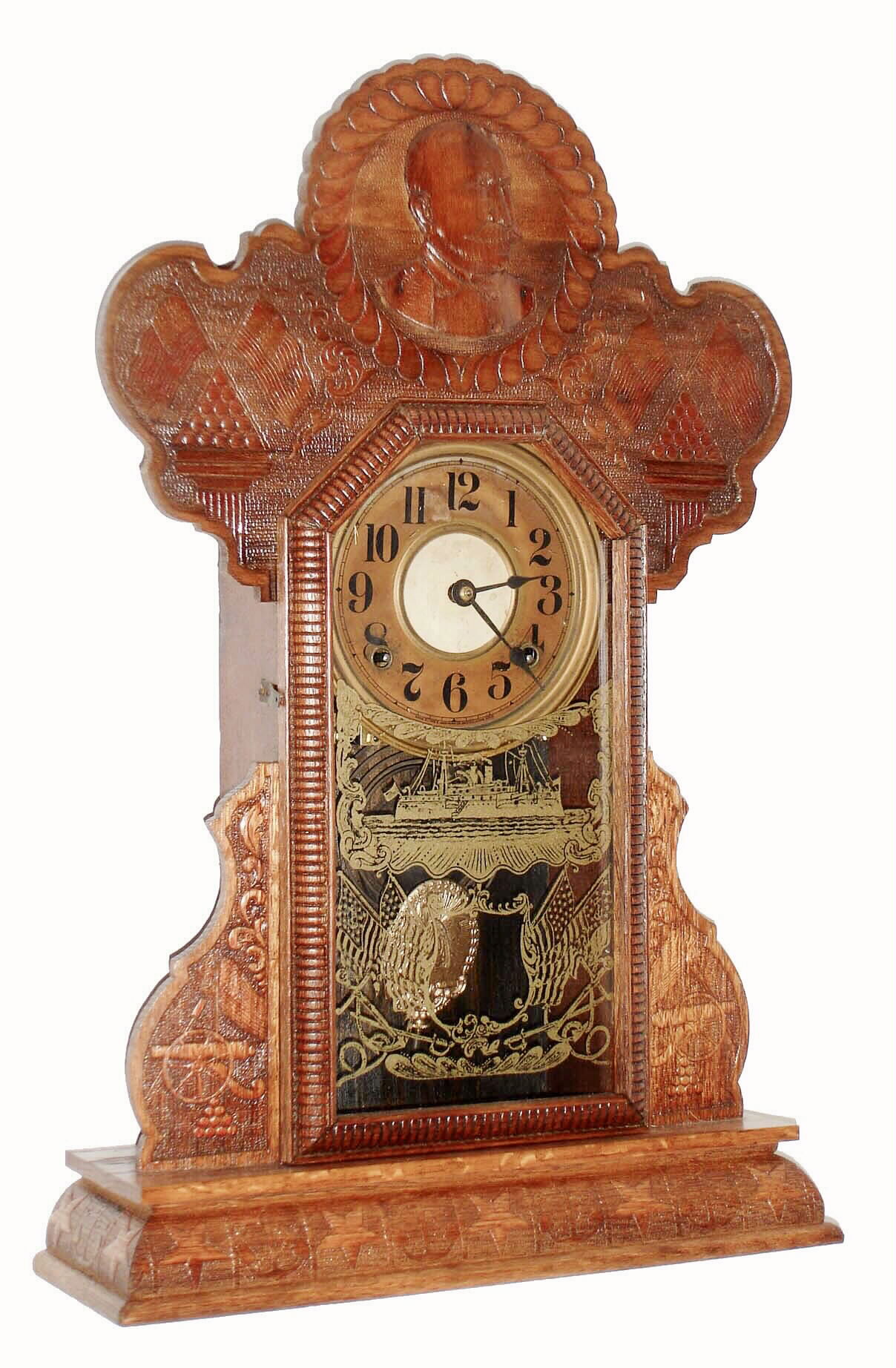 E. Ingraham &amp; Co., Bristol, Conn., "Admiral Dewey", 8 day, time and strike, oak kitchen clock, c1899 — Antique Clocks Price Guide