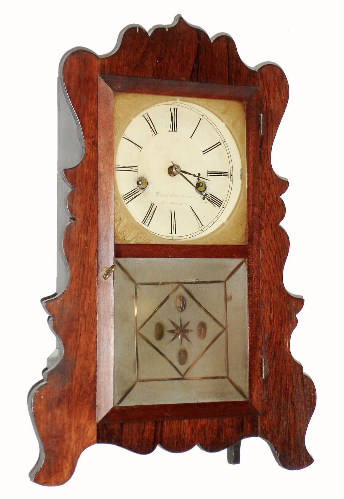 E. &amp; A. Ingraham, Bristol, Conn., 30 hour, time and strike, scallop front shelf clock. c1853 — Antique Clocks Price Guide