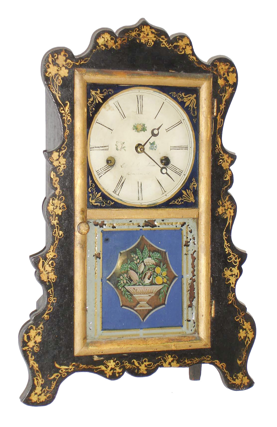 E. &amp;  A. Ingraham, Bristol, Conn., 30 hour, time and strike, scallop front shelf clock. c1853 — Antique Clocks Price Guide