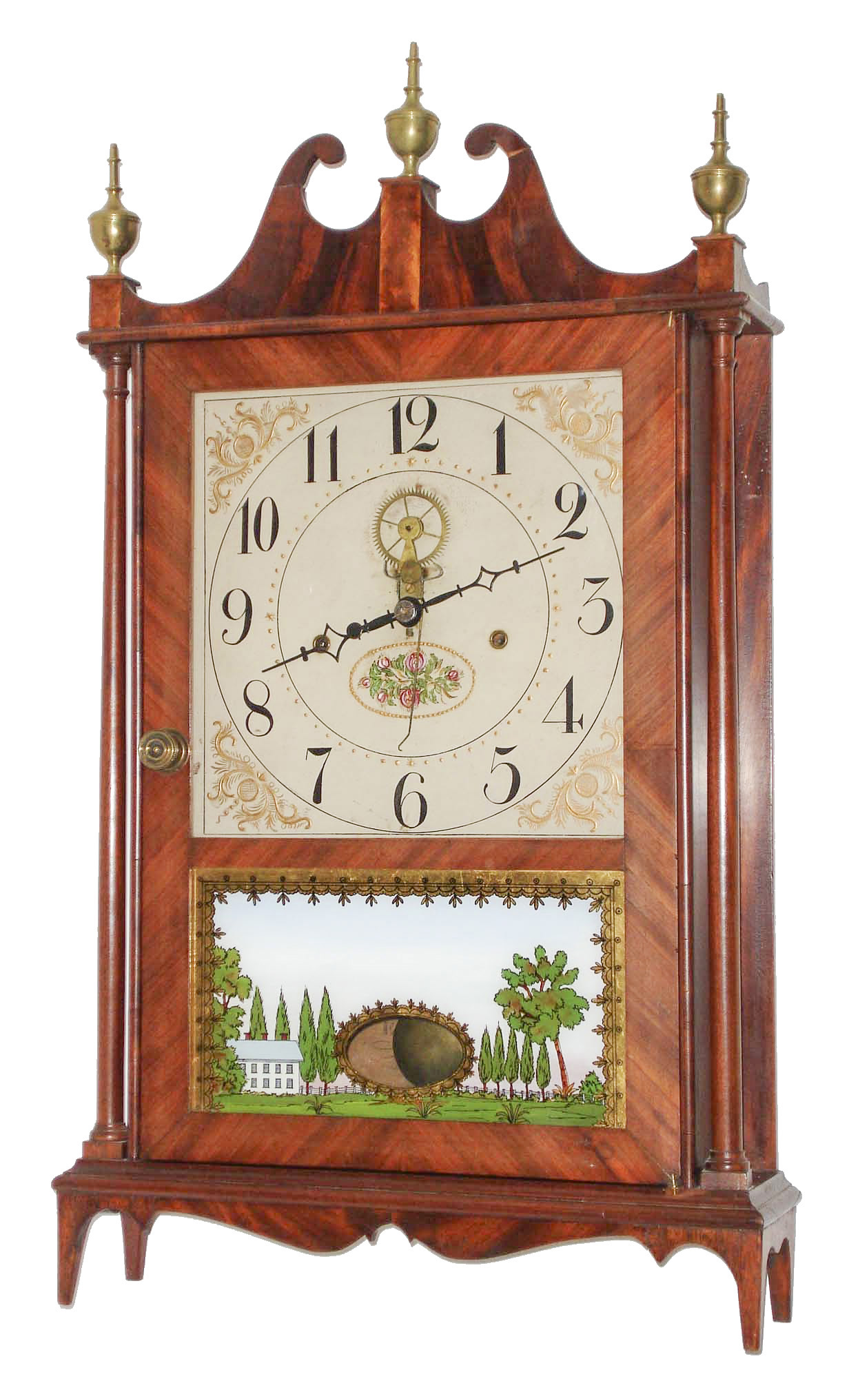 Eli Terry, Plymouth, Conn., 30 hour, time and strike, weight wood movement outside escape pillar &amp; scroll shelf clock. c1820 — Antique Clocks Price Guide
