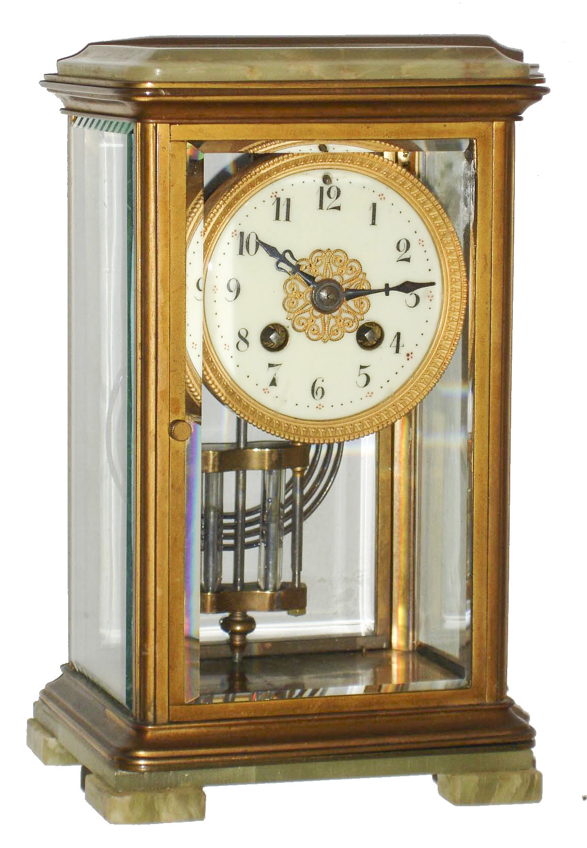 France, crystal regulator, gilt brass case with green onyx top and bottom, thick beveled glass sides, 8 days, rack striking pendule a Paris movement, counting the hours on a gong, with a single blow at the half hour, movement signed "AD. MOUGIN Deux Medailles" also with "H&amp;H" mark, white enamel dial with Arabic numerals, gilt bezel and center ornament, blued steel hands, with 2 vial mercury pendulum, c1910 — Antique Clocks Price Guide
