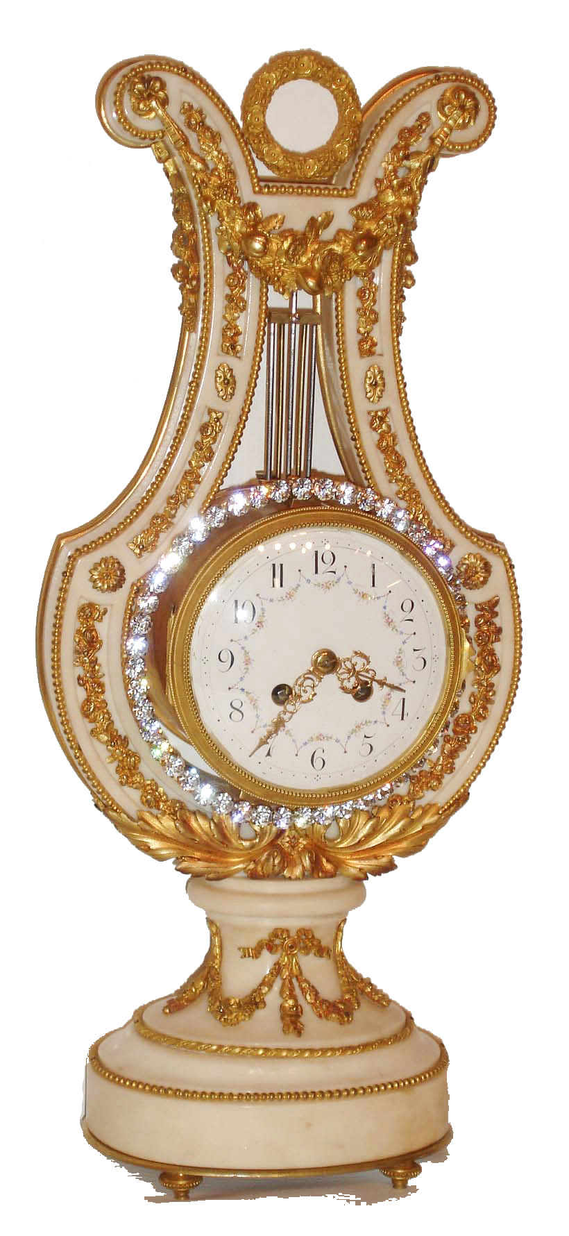 France, lyre clock, white marble case with molded base decorated with gilt trim and floral festoons, the lyre with acanthus, floral garlands, beaded trim, and a large festoon of fruits and flowers, the top with floral wreath, white enamel Arabic numeral dial with polychrome enamel decoration, gilt Louis XV style hands, gilt bezel with convex glass, and a ring of brilliants attached to the knife edge suspended gridiron, which oscillates with the pendulum, 8 days, time and count wheel strike pendule a Paris movement, signed "AD. MOUGIN", counting the hours on a bell and a single blow at the half hour c1870 — Antique Clocks Price Guide