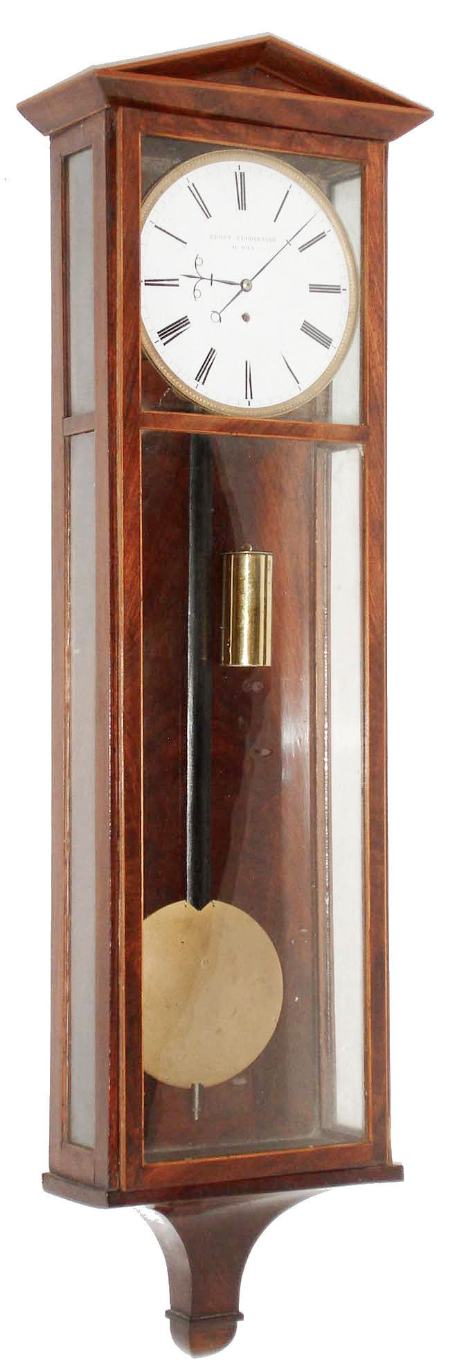Ernst Ferdinandi, Vienna, Austria, Dachluhr, 8 days, weight driven timepiece, the mahogany veneered case with light wood banding, glazed sides and front, white enamel Roman numeral dial signed "Ernst Ferdinandi in Wien", gilt, engine turned bezel, finely cut blued steel hands, brass movement with deadbeat escapement and maintaining power, polished brass weight, ebonized wooden pendulum rod with brass ball, c1830 — Antique Clocks Price Guide
