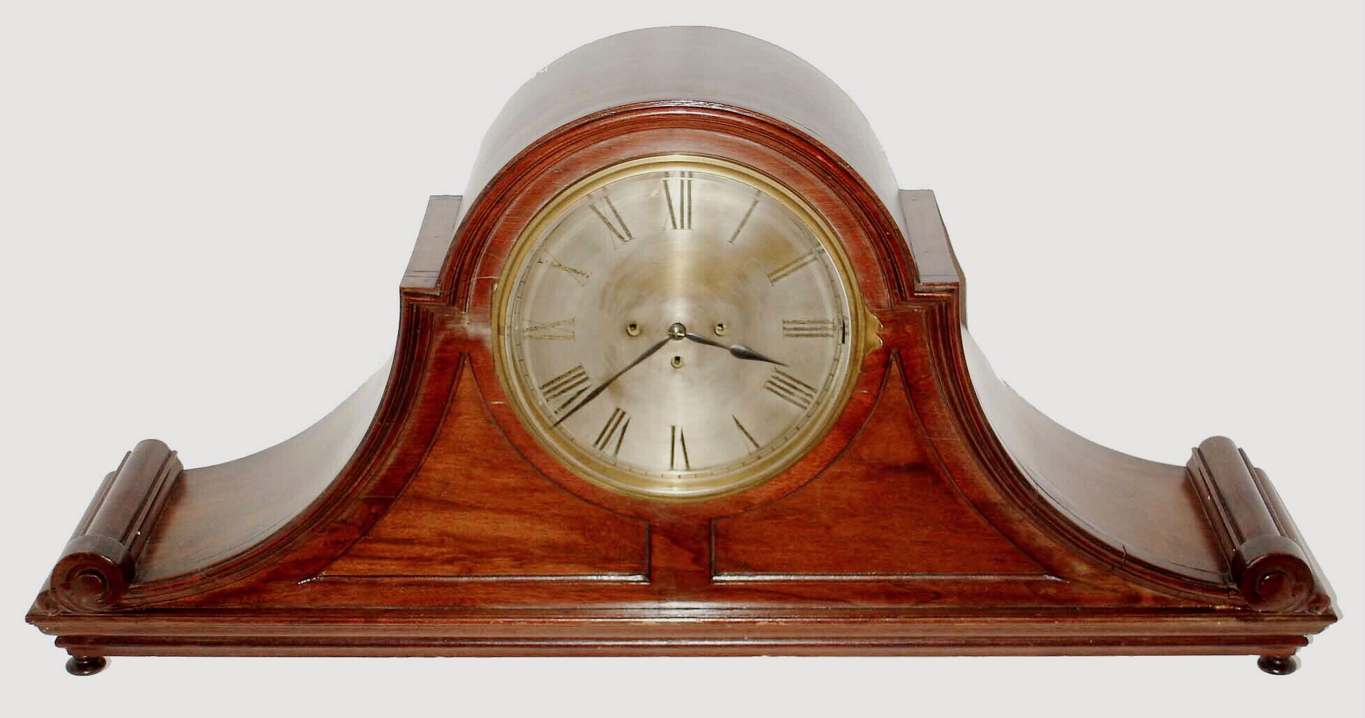 J.J. Elliott, London, England, one of the worlds largest tambour clocks, the walnut case with paneled front, heavily molded base and trim, terminating at each end in a volute with acanthus leaf, heavy cast bezel with thick beveled glass, silvered Roman numeral dial with blued steel hands, chime/ silent lever at 3:00, and heavy brass, 8 day, 3 fusee movement with full Westminster chiming on gongs, and counting the hours on a large gong, signed "J.J. Elliott 121 &amp; 123 Rosebery Avenue London", with original key and pendulum c1910 — Antique Clocks Price Guide