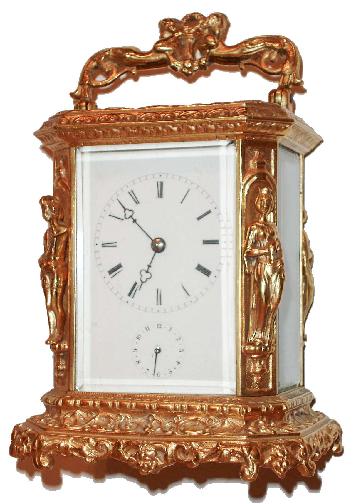 Japy Freres &amp; Cie., France, 8 days, time and strike, hour repeating carriage clock with alarm contained in a gilt, Cariatides style case decorated with trailing vines and C scrolls, four figures in niches at the case corners, an the top with figural handle, beveled glass top and sides, 8 days, brass movement signed "Japy Freres &amp; Cie. Exposition 1855 Grande med. D'honneur", and striking the hours with repeating on demand, silvered platform with English style lever escapement and cut bimetallic balance, Roman numeral, white enamel dial with blued steel trefoil hands, c1870 — Antique Clocks Price Guide