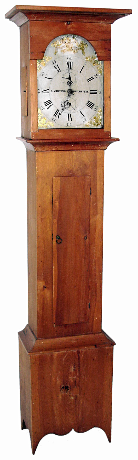 Riley Whiting, Winchester, Conn., tall clock, 30 hours, time, calendar and bell strike, weight driven wooden works movement in a pine case with painted wooden dial, c1825 — Antique Clocks Price Guide
