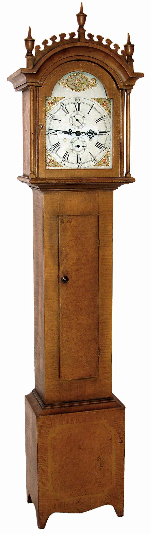 Seth Thomas Clock Co., Plymouth, Conn., tall clock, 30 hours, time, calendar and bell strike wooden works movement in a vinegar grain painted pine case simulating bird's eye and tiger maple with painted wooden dial, c1825 — Antique Clocks Price Guide