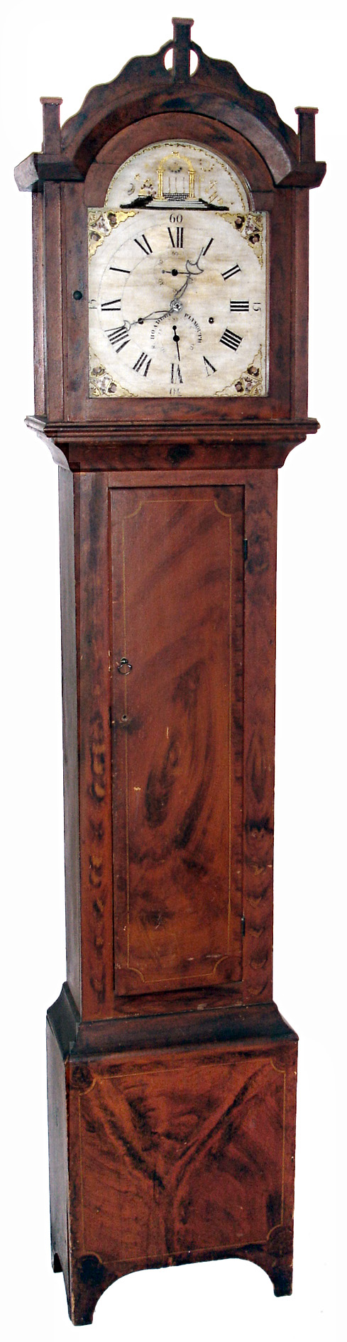 Silas Hoadley, Plymouth, Conn., tall clock, 30 hours, time, calendar and bell strike, wooden works movement in a grain painted pine case with painted wooden dial, c1820 — Antique Clocks Price Guide