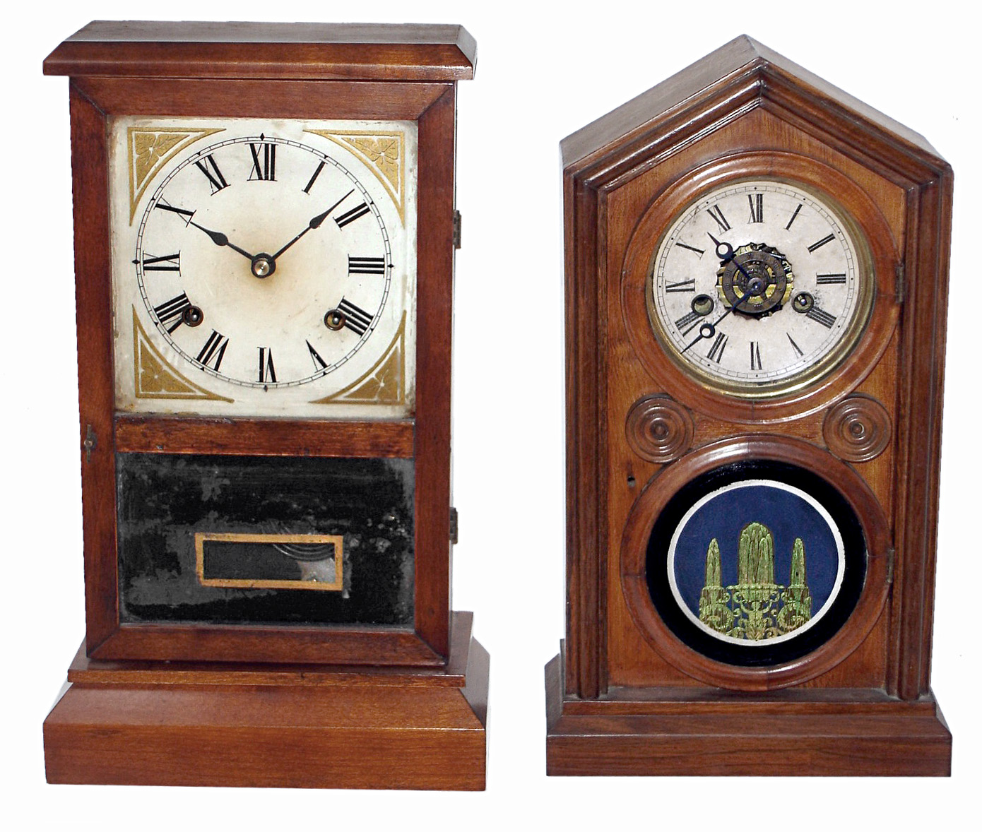 Clocks- 2 (Two) Connecticut mahogany striking spring driven mantel clocks: E. Ingraham 8 day; Daniel Pratt &amp; Sons 30 hour, c1870 — Antique Clocks Price Guide