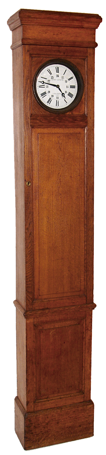Henry Lepaut, 5 Rue Halevy, Paris, France, tall clock, 8 days, time only, weight driven heavy brass movement with pinwheel escapement and rope winding in an oak case with white enamel dial with maker's signature, c1870 — Antique Clocks Price Guide
