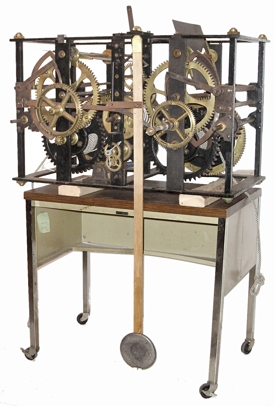 Tower clock, European, three train, time, strike and chime, weight driven movement, smaller or compact size, in painted wrought iron frame, circa 19th century — Antique Clocks Price Guide