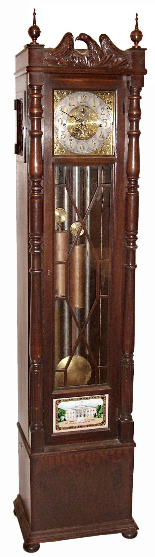 Selsi, Germany, tall clock, 8 days, time, strike and chime on four tubes, three brass weight driven movement in a mahogany case with carved eagle splat and lower tablet depicting the White House, c1920 — Antique Clocks Price Guide