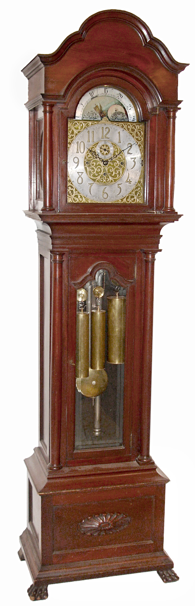 Tall clock, Germany retailed by W.K. Cowan &amp; Co., Chicago, 8 days, time, strike, moon phase and chime on marked Herschede Crown Symphony tubes, three brass weight driven movement in a mahogany case with beveled lower glass, paw feet and sunburst on lower plinth and brass dial with silvered chapter ring and strike / silent selection, c1915 — Antique Clocks Price Guide